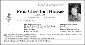 Traueranzeige Christine Hauser