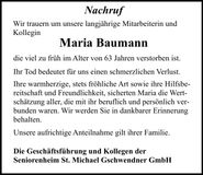 Traueranzeige Maria Baumann