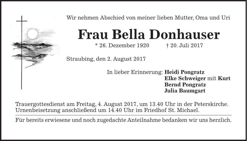 Traueranzeige Bella Donhauser