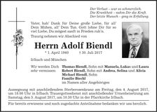 Traueranzeige Adolf Biendl