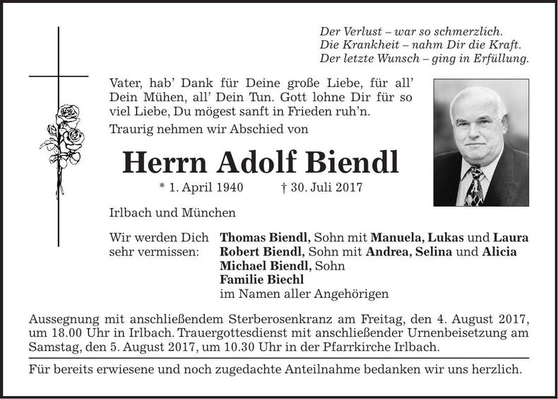 Traueranzeige Adolf Biendl