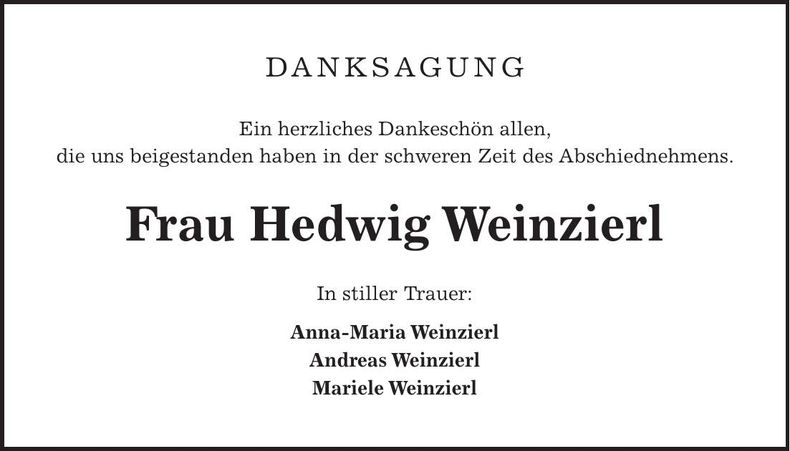 Traueranzeige Hedwig Weinzierl