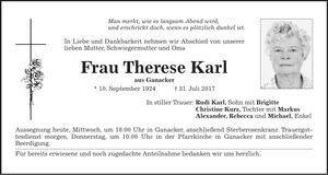 Traueranzeige Therese Karl
