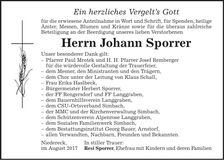 Traueranzeige Johann Sporrer