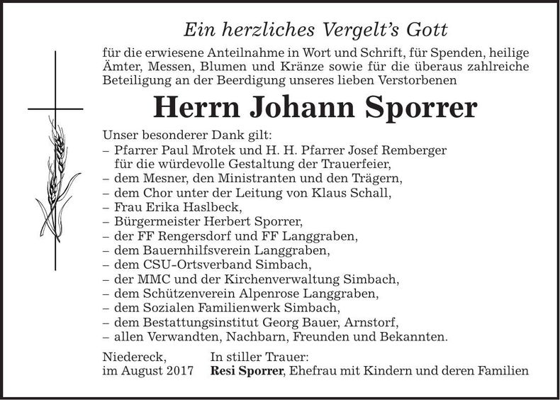Traueranzeige Johann Sporrer