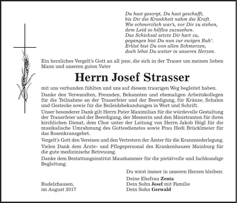 Traueranzeige Josef Strasser