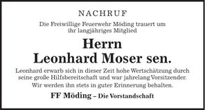 Traueranzeige Leonhardt Moser