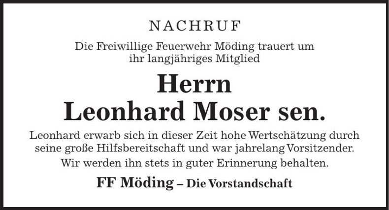 Traueranzeige Leonhardt Moser