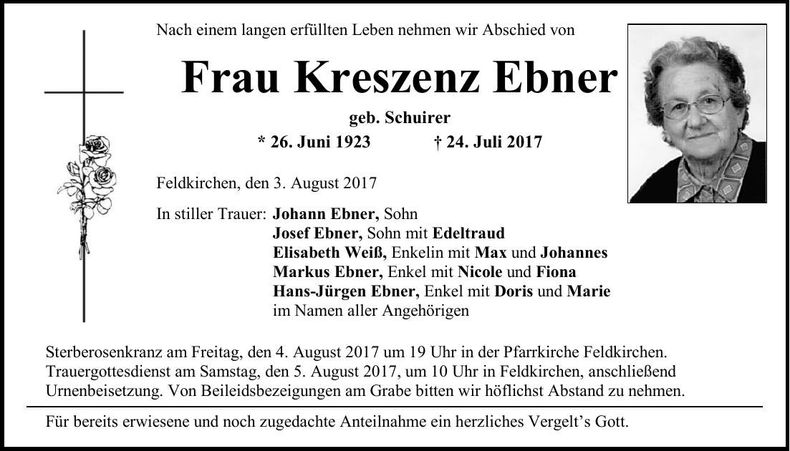 Traueranzeige Kreszenz Ebner