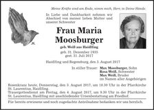 Traueranzeige Maria Moosburger