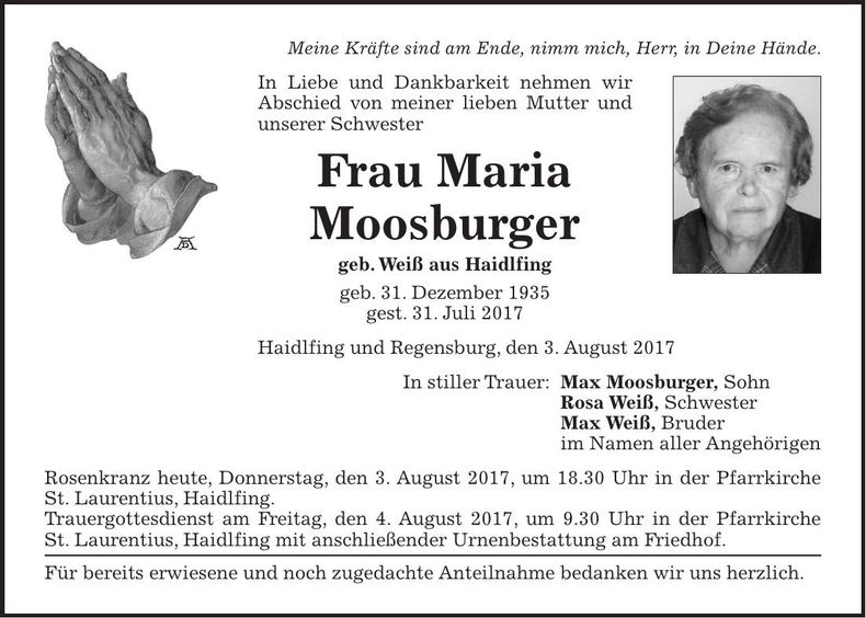 Traueranzeige Maria Moosburger