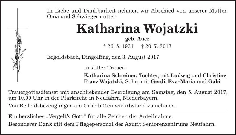 Traueranzeige Wojatzki Katharina