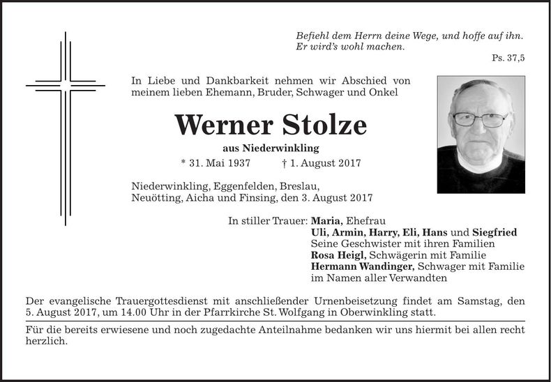 Traueranzeige Werner Stolze