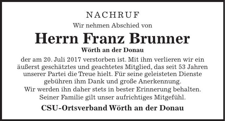 Traueranzeige Franz Brunner