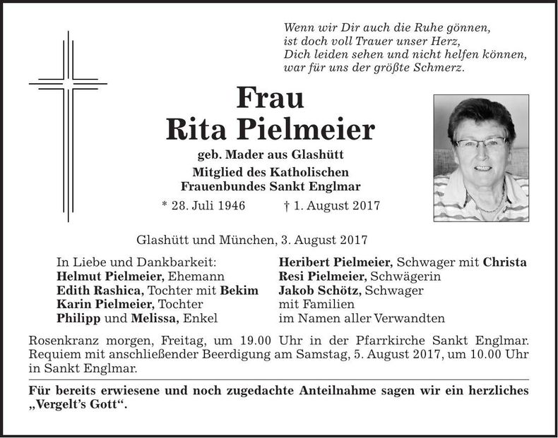 Traueranzeige Rita Pielmeier