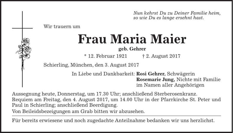 Traueranzeige Maria Maier