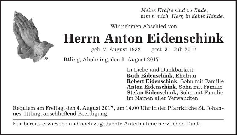 Traueranzeige Anton Eidenschink