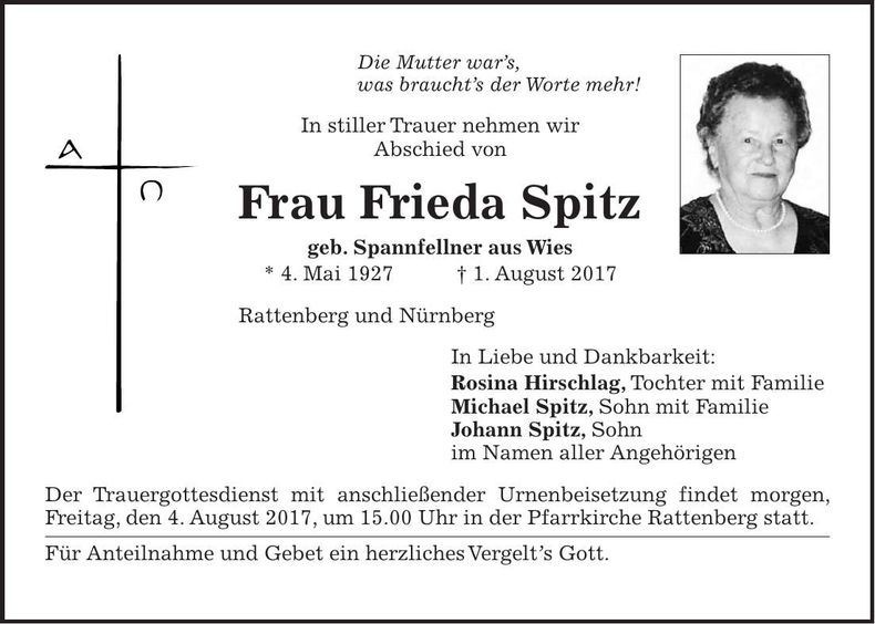 Traueranzeige Frieda Spitz