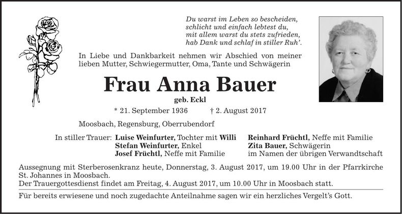Traueranzeige Bauer Anna