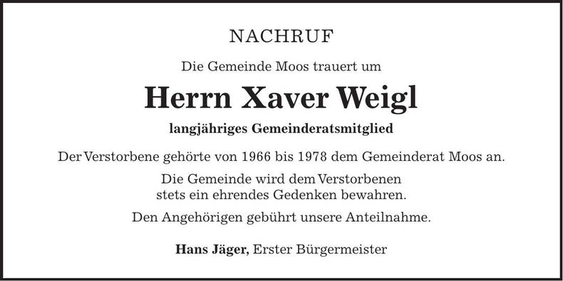 Traueranzeige Xaver Weigl