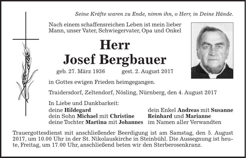Traueranzeige Josef Bergbauer