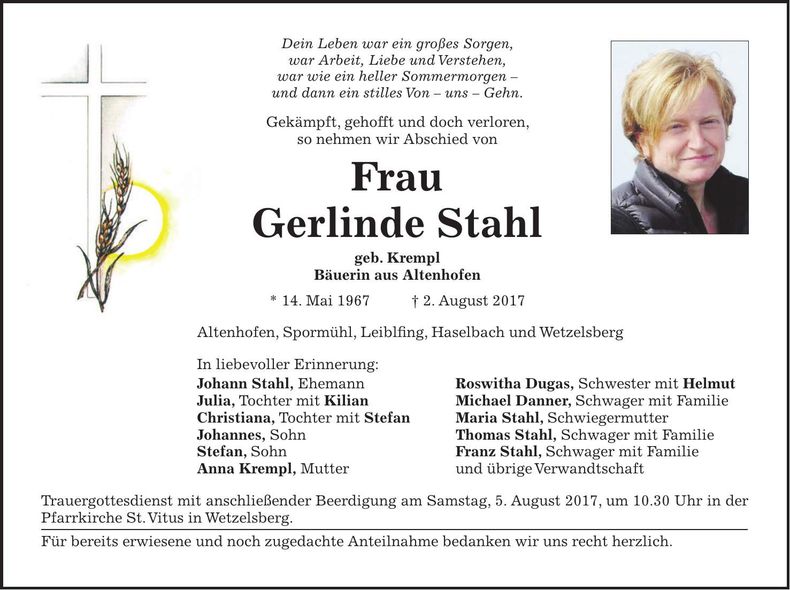 Traueranzeige Gerlinde Stahl