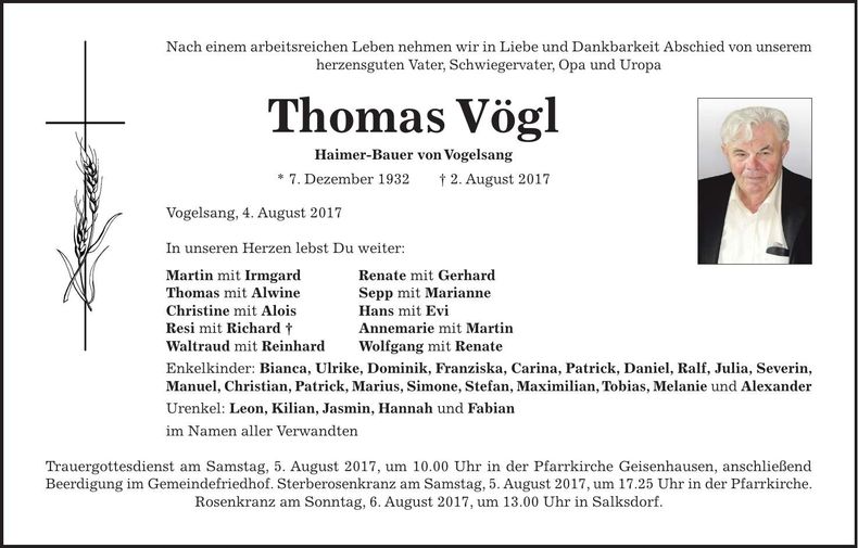 Traueranzeige Thomas Vögl