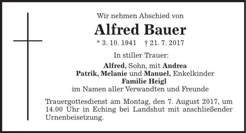 Traueranzeige Alfred Bauer