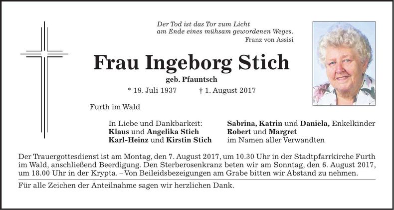 Traueranzeige Ingeborg Stich