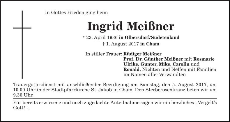 Traueranzeige Ingrid Meißner