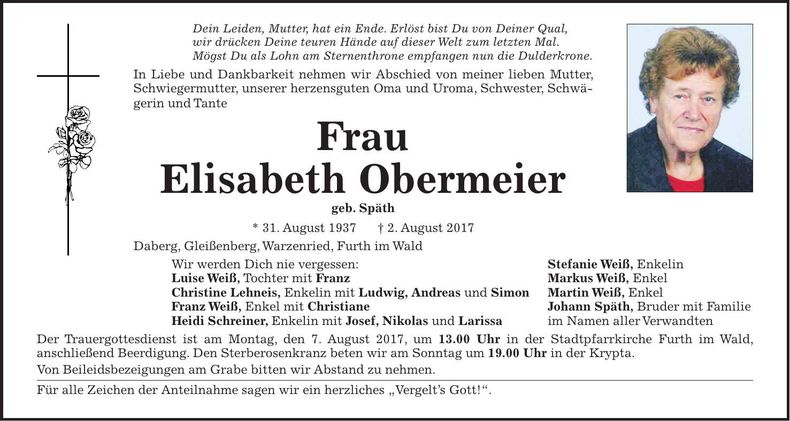 Traueranzeige Elisabeth Obermeier
