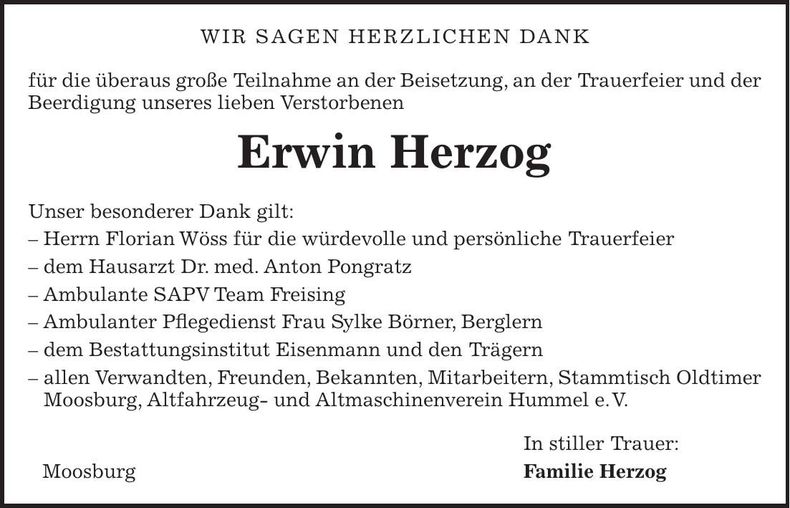Traueranzeige Erwin Herzog