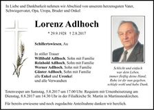 Traueranzeige Lorenz Adlhoch