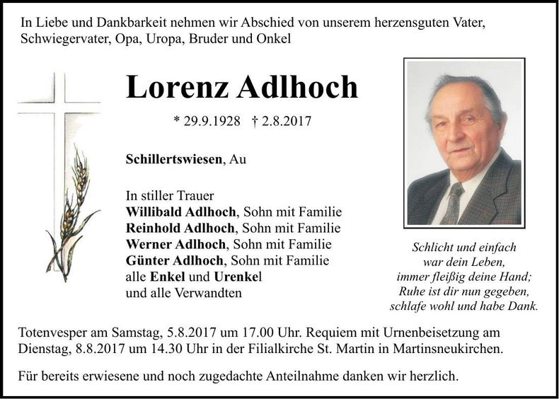 Traueranzeige Lorenz Adlhoch