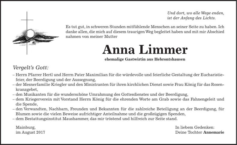 Traueranzeige Anna Limmer