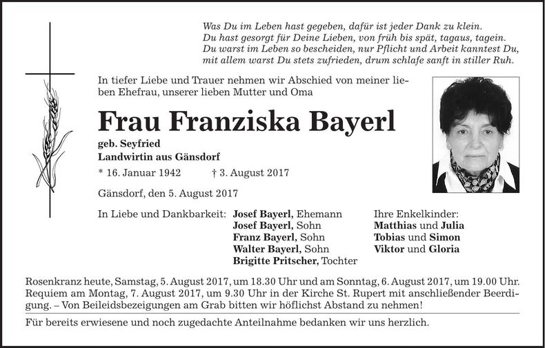 Traueranzeige Franziska Bayerl