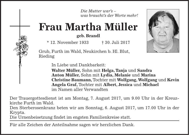 Traueranzeige Martha Müller