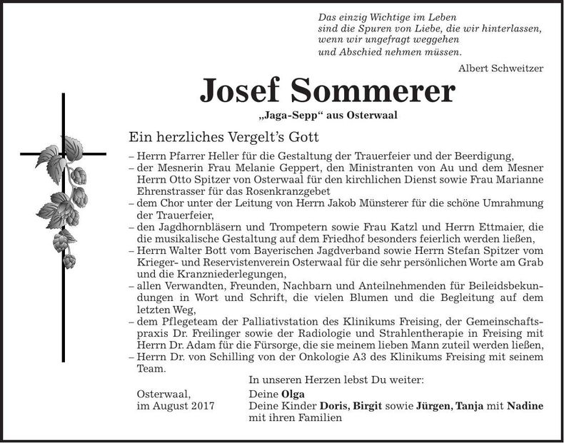 Traueranzeige Josef Sommerer