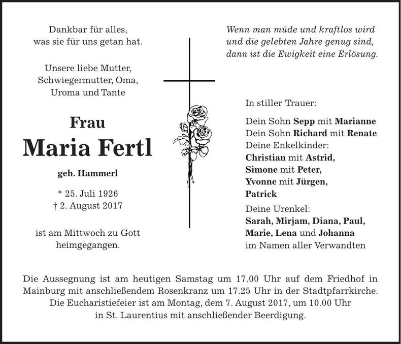 Traueranzeige Maria Fertl
