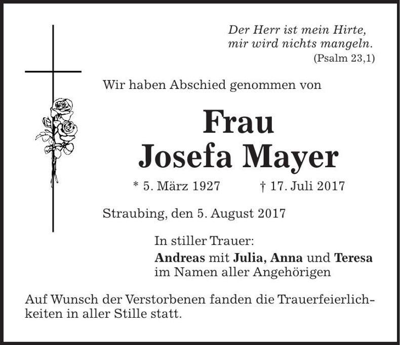 Traueranzeige Josefa Mayer