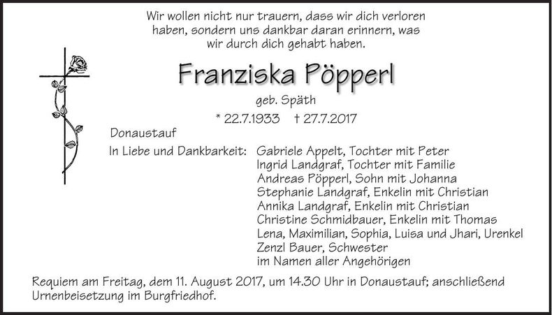 Traueranzeige Franziska Pöpperl