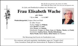 Traueranzeige Elisabeth Wache