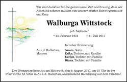 Traueranzeige Walburga Wittstock