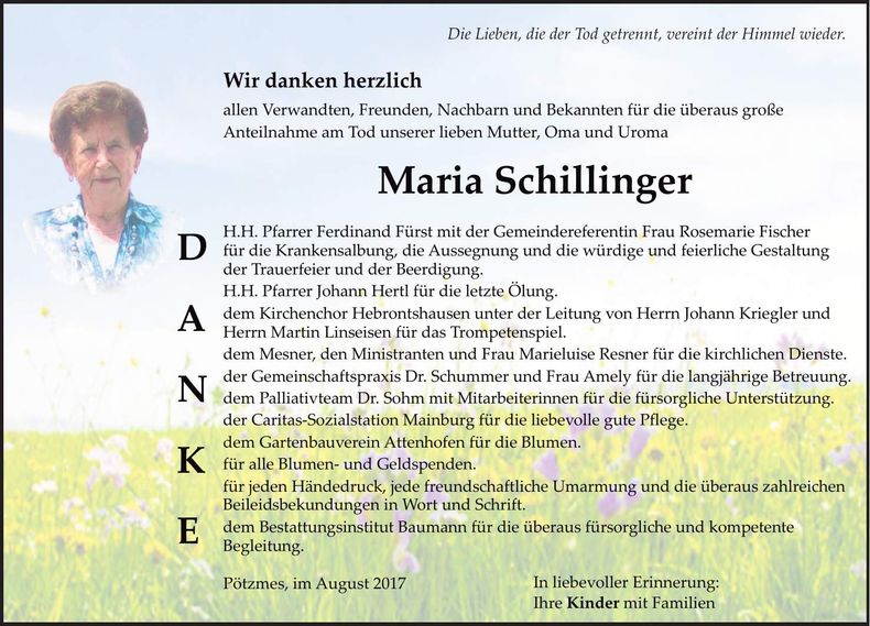 Traueranzeige Maria Schillinger