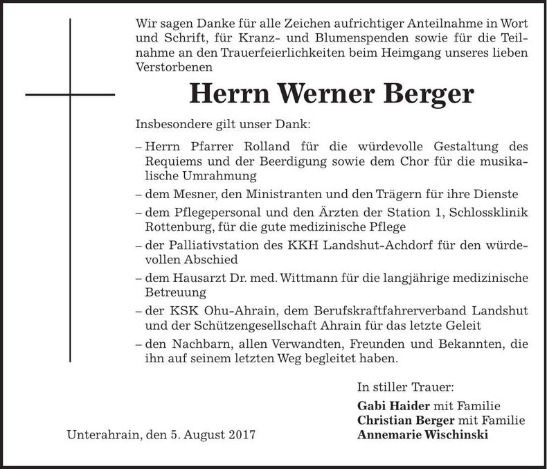 Traueranzeige Werner Berger