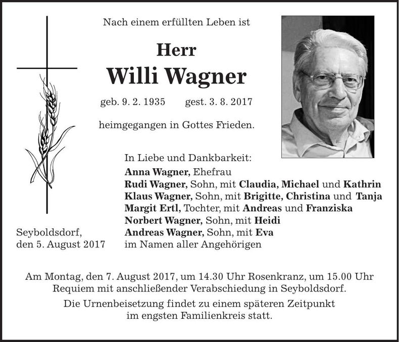Traueranzeige Willi Wagner