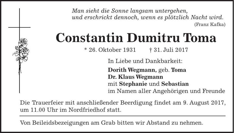 Traueranzeige Constantin Toma