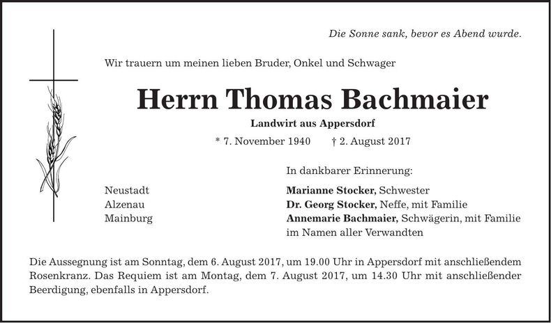 Traueranzeige Thomas Bachmaier