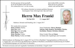 Traueranzeige Max Frankl