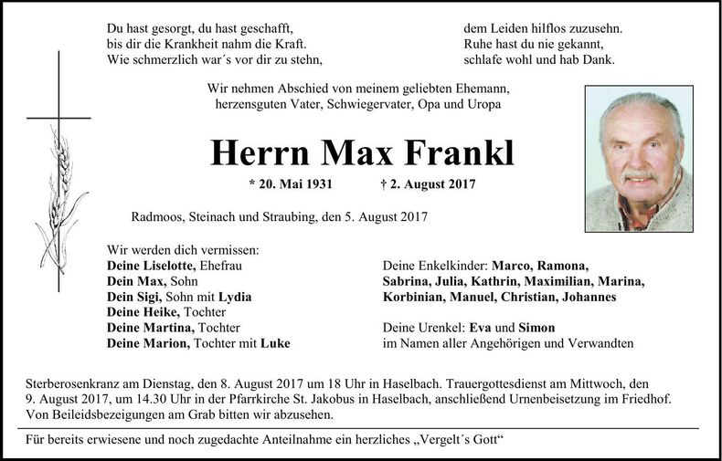 Traueranzeige Max Frankl